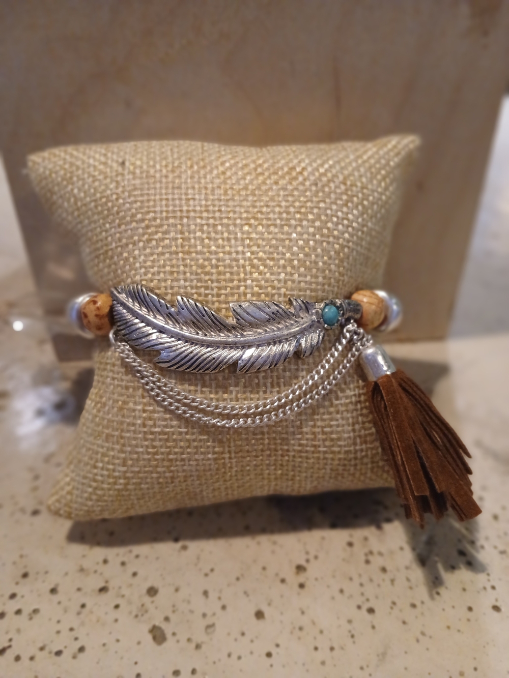 Silver Feather & Brown Tassel Women’s Bracelet - Turquoise Accent
